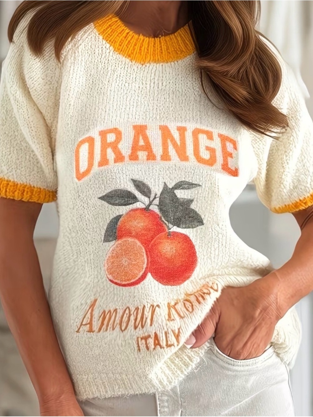 Italian Orange Citrus Graphic Short Sleeve Sweater Rome Italy